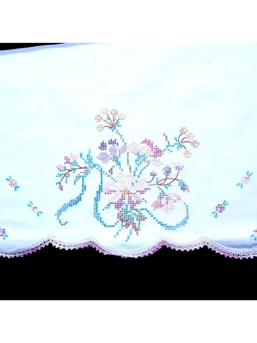 Vintage Hand-Embroidered Pillowcases Floral Cross-Stitch Pink Crochet Trim Set
